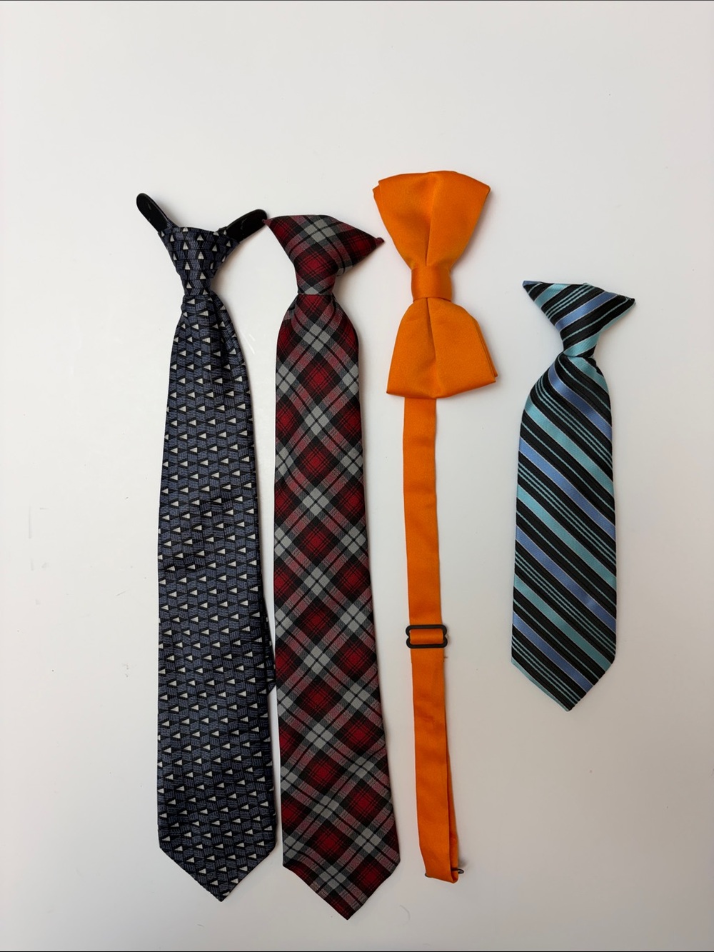 Boys Neckties Bowtie Lot 4 Piece Clip On Plaid Stripe Blue Red Orange Formal